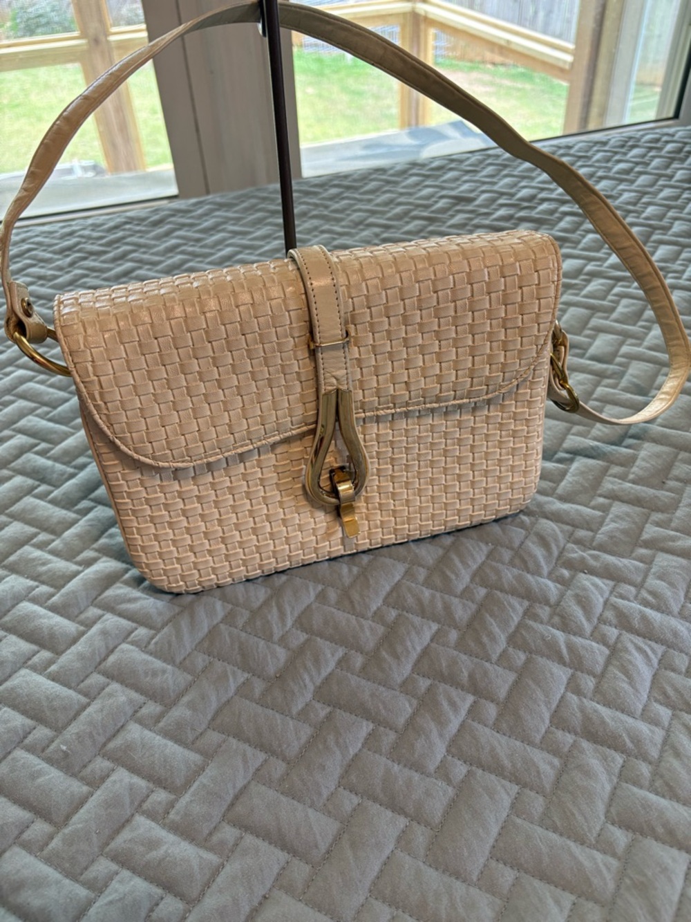 Woven Cream Shoulder Bag with Gold Hardware